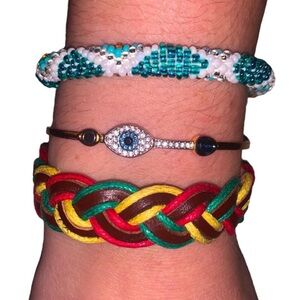 Jamaica Rasta Leather Adjustable Red Green Yellow Brown Braided Bracelet 🇯🇲